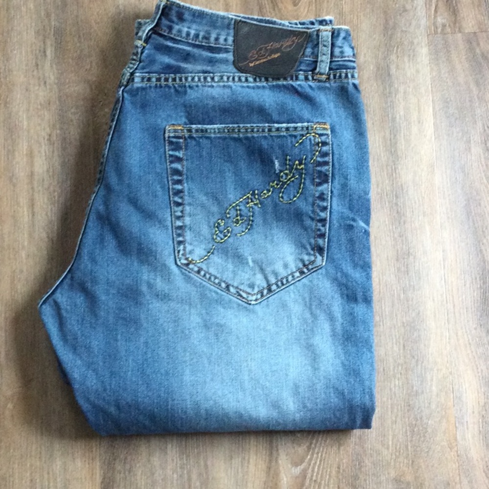 Ed Hardy by Christian Audigier Distressed Button Fly Embroidered Jeans 38x31